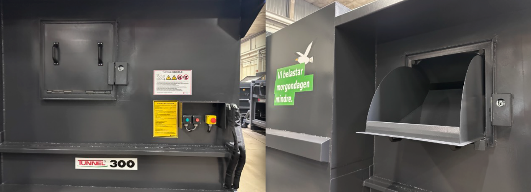 Kaksi jätepuristinta, jossa luukku ja painikkeita