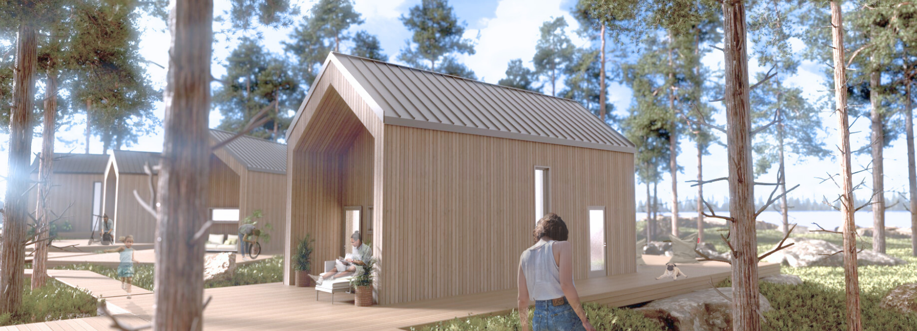 Kuvassa minitaloja, jonka pihalla on ihmisiä.