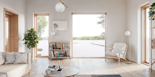 Havainnekuvassa avautuu näkymä Huutjärven uimarannalle ja vastarannan Pyhtäänlinnaan.